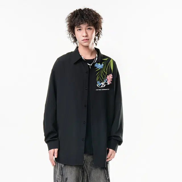 红蜻蜓 美式复古高街背面印花纯色设计感格纹高级宽松休闲百搭日常通勤时尚简约直筒长袖衬衫 男女同款