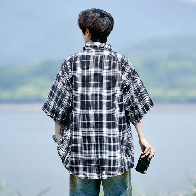 红蜻蜓 美式复古高街宽松薄款男生穿搭格子上衣翻领短袖衬衫 男女同款