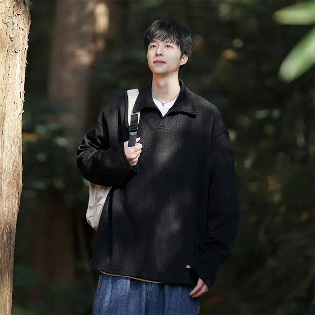 红蜻蜓 翻领条纹休闲宽松简约长袖卫衣 男女同款