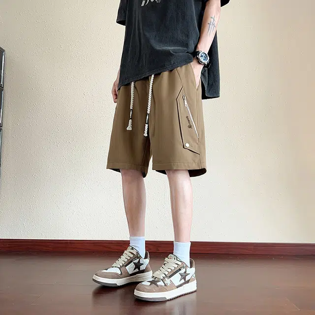 红蜻蜓 美式复古户外高街城市机能美式宽松舒适百搭直筒阔腿潮牌韩系通勤运动五分裤简约拉链拼接工装休闲短裤 男女同款