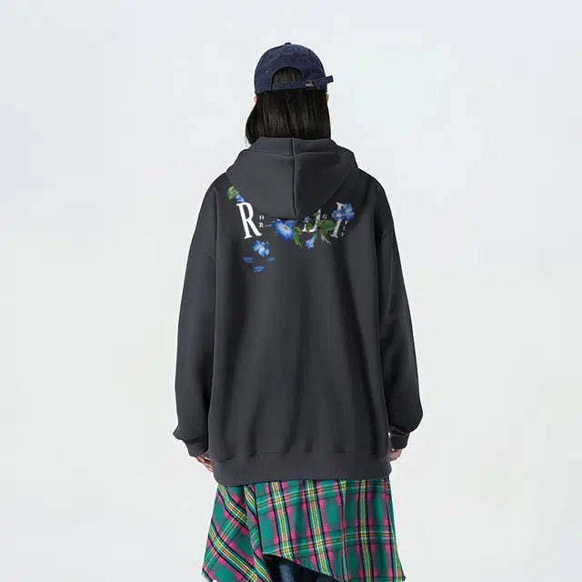 红蜻蜓 美式复古高街仿刺绣植物花卉设计感宽松舒适百搭日常通勤亲肤纯棉重磅潮流时尚简约长袖连帽卫衣 男女同款