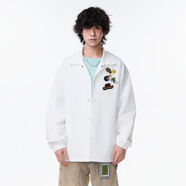 红蜻蜓 美式高街卡通图案多巴胺复古潮牌数字字母印花宽松百搭舒适防风保暖休闲翻领外套夹克 男女同款