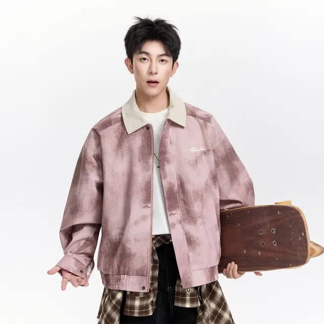 红蜻蜓 美式高街扎染潮牌复古数字字母印花宽松百搭舒适防风保暖休闲棒球服翻领外套夹克 男女同款