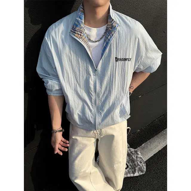 红蜻蜓 美式复古百搭凉感高街简约立领多巴胺格纹宽松防紫外线轻薄防晒服 男女同款