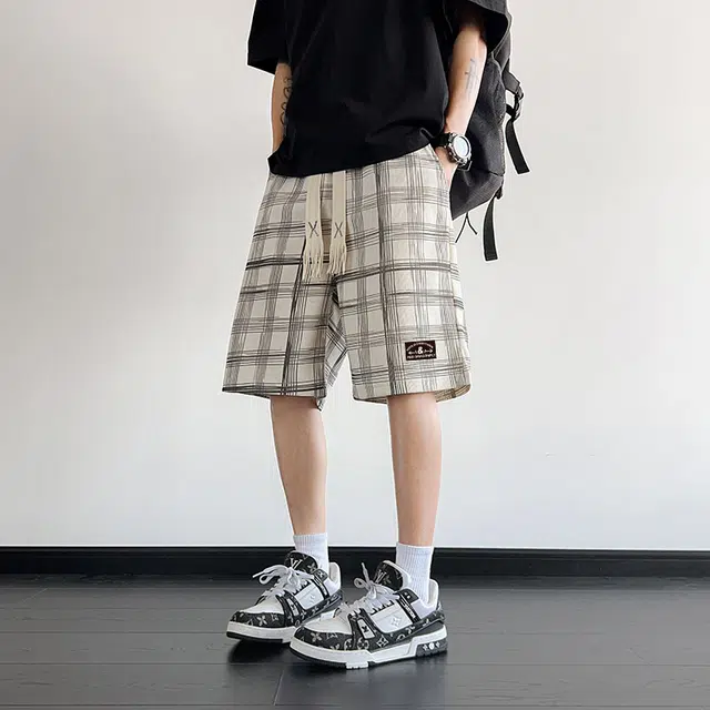 红蜻蜓 纯色美式高街复古设计感格纹拼色撞色品牌经典高级舒适宽松日常通勤百搭潮流时尚简约系带五分休闲短裤 男女同款