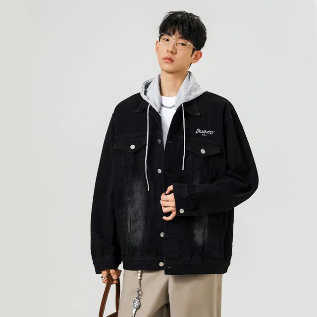 红蜻蜓 美式街头复古水洗做旧双口袋设计工装单排扣袖口韩版痞帅港风潮流舒适亲肤透气休闲基础连帽牛仔外套 男女同款