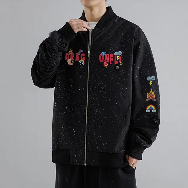 红蜻蜓 美式高街卡通设计感仿刺绣满天星纯色拉链复古数字字母印花宽松百搭舒适防风保暖休闲棒球服外套夹克 男女同款