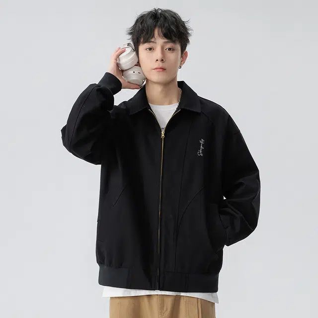 红蜻蜓 美式高街复古潮牌徽章数字字母印花宽松百搭舒适防风保暖休闲翻领外套夹克 男女同款