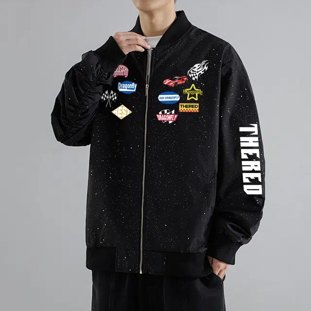 红蜻蜓 美式高街潮牌复古满天星设计感纯色拉链数字字母印花宽松百搭舒适防风保暖休闲棒球服外套夹克 男女同款