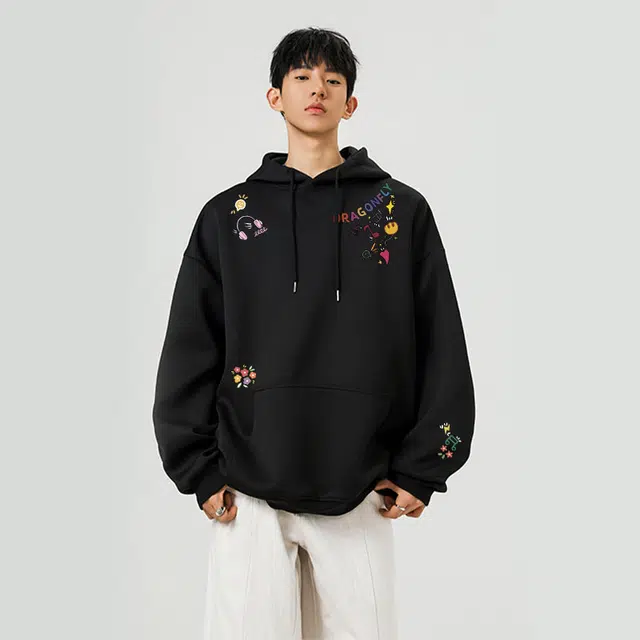 红蜻蜓 美式高街复古仿刺绣卡通图案设计感数字字母印花宽松百搭舒适防风保暖休闲棒球服外套卫衣 男女同款