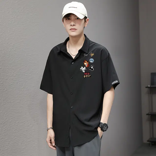 红蜻蜓 美式高街卡通图案高级感设计感高级宽松休闲百搭日常通勤潮流时尚简约短袖衬衫 男女同款