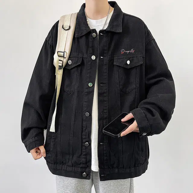 红蜻蜓 美式高街设计感纯色徽章涂鸦字母印花宽松百搭舒适防风保暖休闲重磅牛仔外套 男女同款