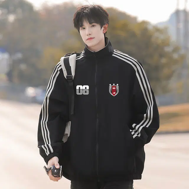 红蜻蜓 美式潮牌设计感纯色侧边条纹三条杠徽章涂鸦数字字母印花宽松百搭舒适防风保暖休闲棒球服外套夹克 男女同款