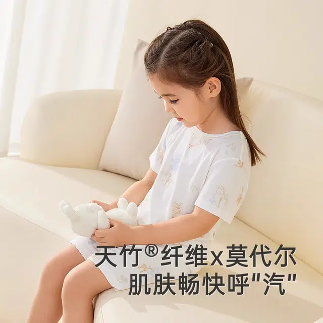 英氏睡裤居家服 休闲轻薄舒适透气夏季 白色儿童款