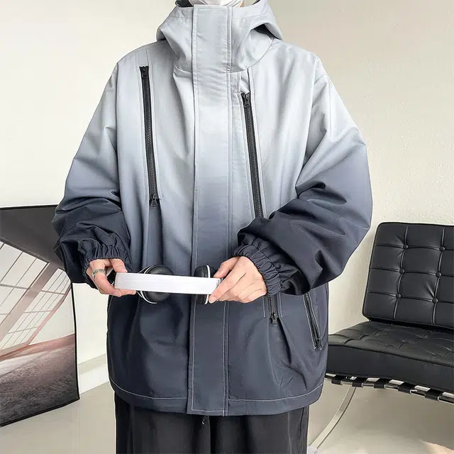 费尔岛上的猫 美式高街风多拉链设计渐变宽松休闲连帽长袖上衣夹克 男女同款