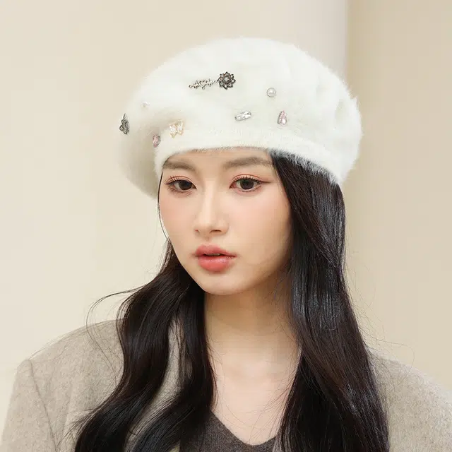 啄木鸟 新款兔毛贝雷帽子女可爱少女秋冬季日韩百搭毛绒白色帽子甜美保暖画家帽 兔毛 贝雷帽 女款