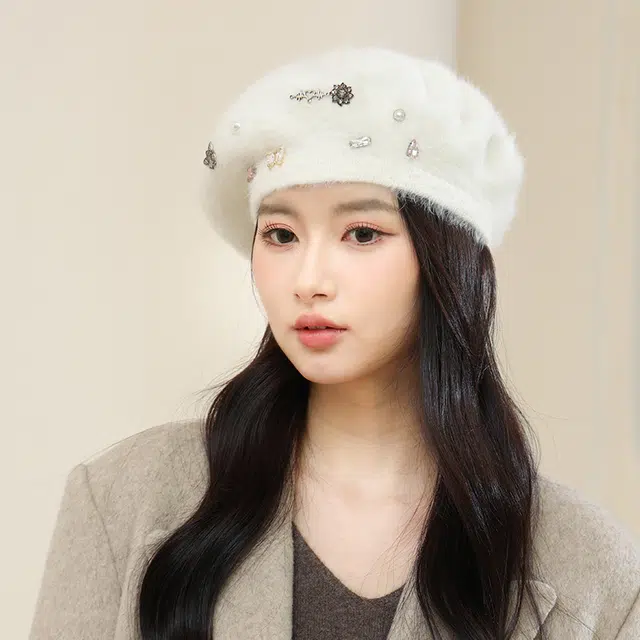 啄木鸟 新款兔毛贝雷帽子女可爱少女秋冬季日韩百搭毛绒白色帽子甜美保暖画家帽 兔毛 贝雷帽 女款