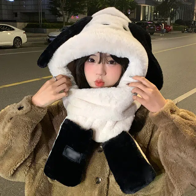 啄木鸟 可爱毛绒绒帕帕狗帽子围巾手套一体三件套秋冬季加绒加厚保暖防寒护耳脖颈围脖手套 聚酯纤维 帽子 男女同款情侣款