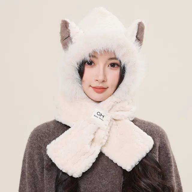 啄木鸟 可爱狐狸耳一体 秋冬保暖加厚护耳防风显脸小 聚酯纤维 斗篷帽 女款