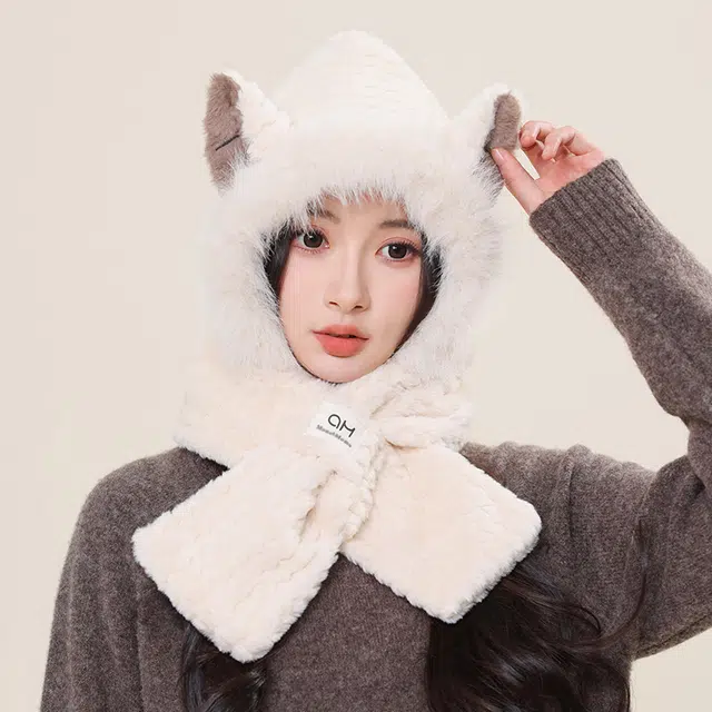 啄木鸟 可爱狐狸耳一体 秋冬保暖加厚护耳防风显脸小 聚酯纤维 斗篷帽 女款