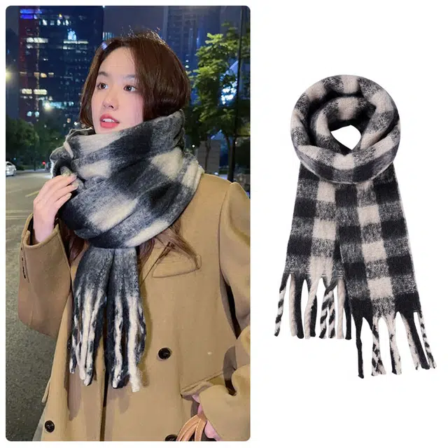 啄木鸟 高级感仿马海毛条纹撞色加绒加厚学生百搭秋冬季保暖格子长款流苏 绒线围巾 男女同款情侣款