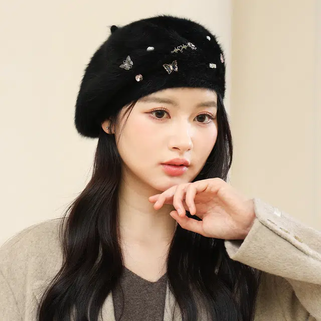 啄木鸟 新款兔毛贝雷帽子女可爱少女秋冬季日韩百搭毛绒白色帽子甜美保暖画家帽 兔毛 贝雷帽 女款