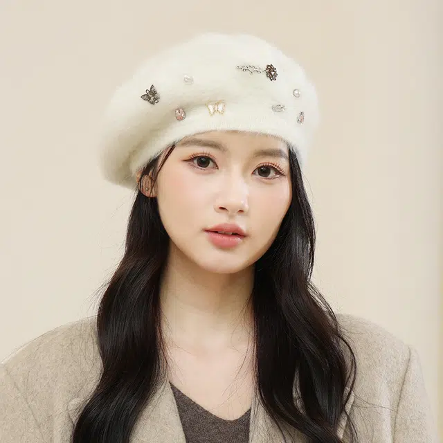 啄木鸟 新款兔毛贝雷帽子女可爱少女秋冬季日韩百搭毛绒白色帽子甜美保暖画家帽 兔毛 贝雷帽 女款
