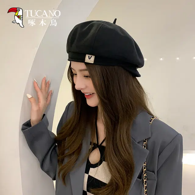 啄木鸟 四戴法复古英伦学院风画家帽纯色大头围显脸小百搭休闲八角帽 涤纶 贝雷帽 女款