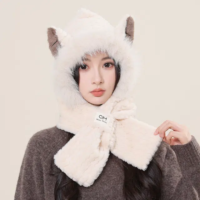 啄木鸟 可爱狐狸耳一体 秋冬保暖加厚护耳防风显脸小 聚酯纤维 斗篷帽 女款