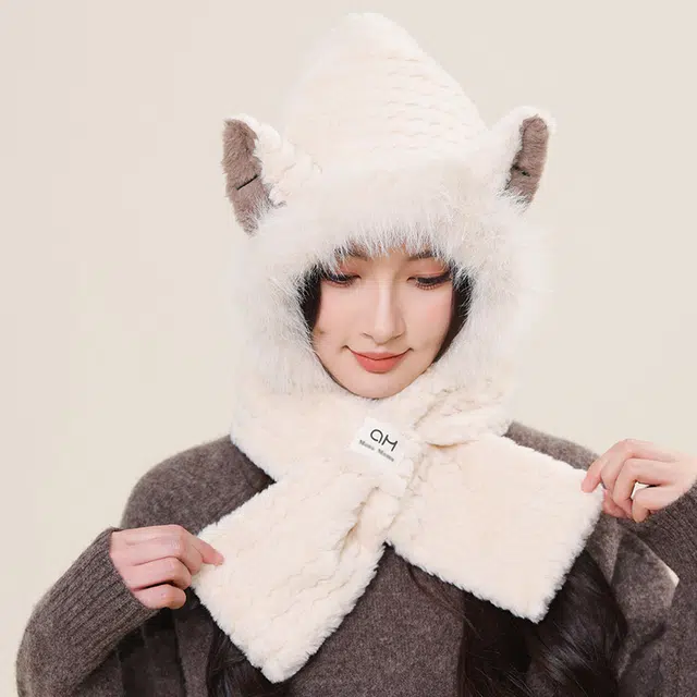 啄木鸟 可爱狐狸耳一体 秋冬保暖加厚护耳防风显脸小 聚酯纤维 斗篷帽 女款