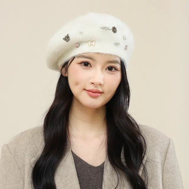 啄木鸟 新款兔毛贝雷帽子女可爱少女秋冬季日韩百搭毛绒白色帽子甜美保暖画家帽 兔毛 贝雷帽 女款