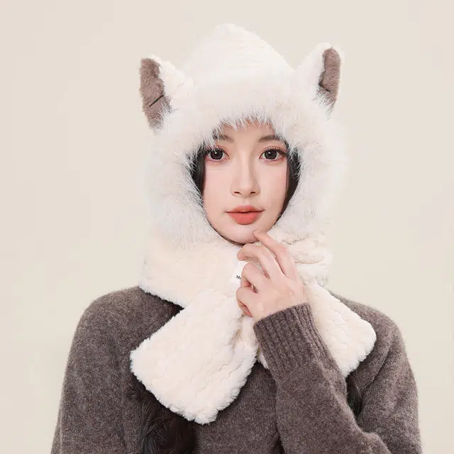 啄木鸟 可爱狐狸耳一体 秋冬保暖加厚护耳防风显脸小 聚酯纤维 斗篷帽 女款