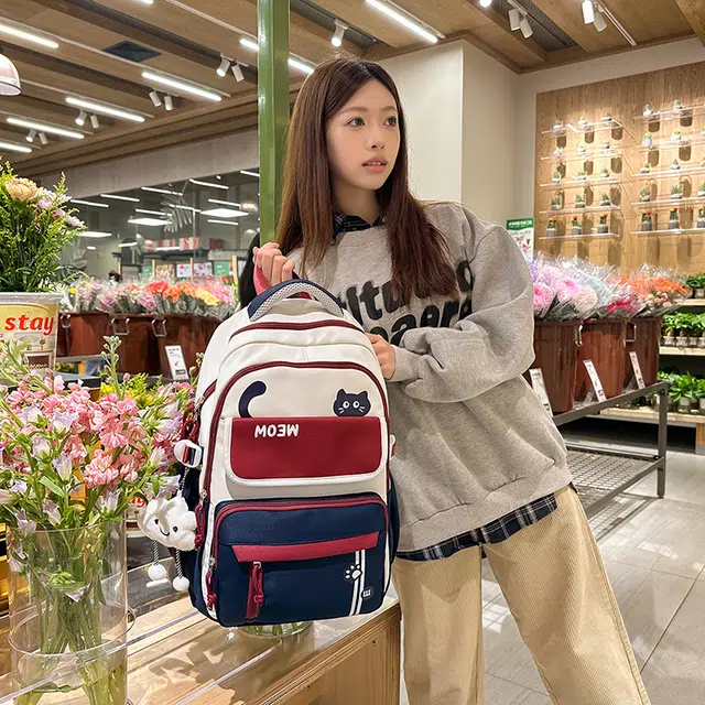 菲姿卓尔 大容量撞色女生背包 尼龙学院风 双肩包初中高中学生 女款