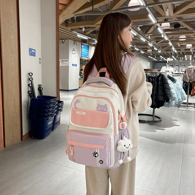 菲姿卓尔 大容量撞色女生背包 尼龙学院风 双肩包初中高中学生 女款