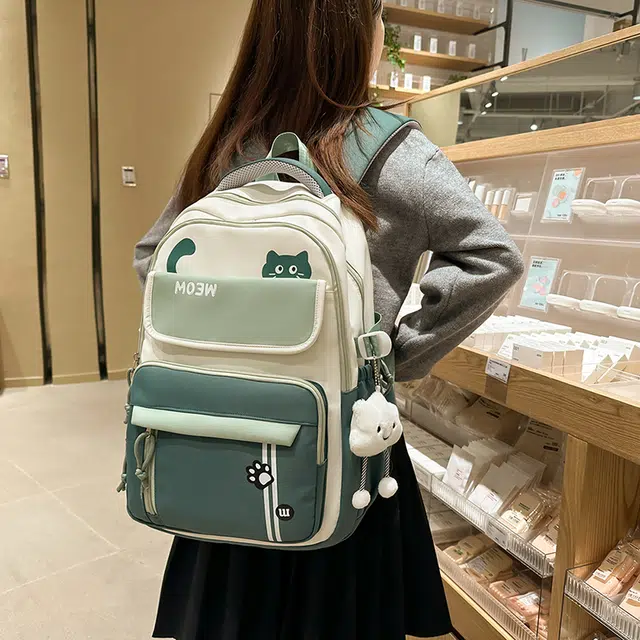 菲姿卓尔 大容量撞色女生背包 尼龙学院风 双肩包初中高中学生 女款