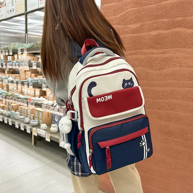 菲姿卓尔 大容量撞色女生背包 尼龙学院风 双肩包初中高中学生 女款