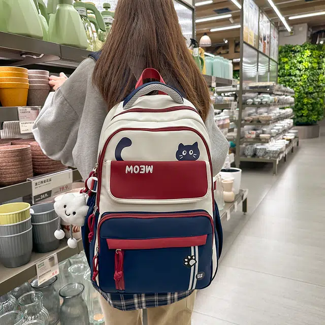 菲姿卓尔 大容量撞色女生背包 尼龙学院风 双肩包初中高中学生 女款