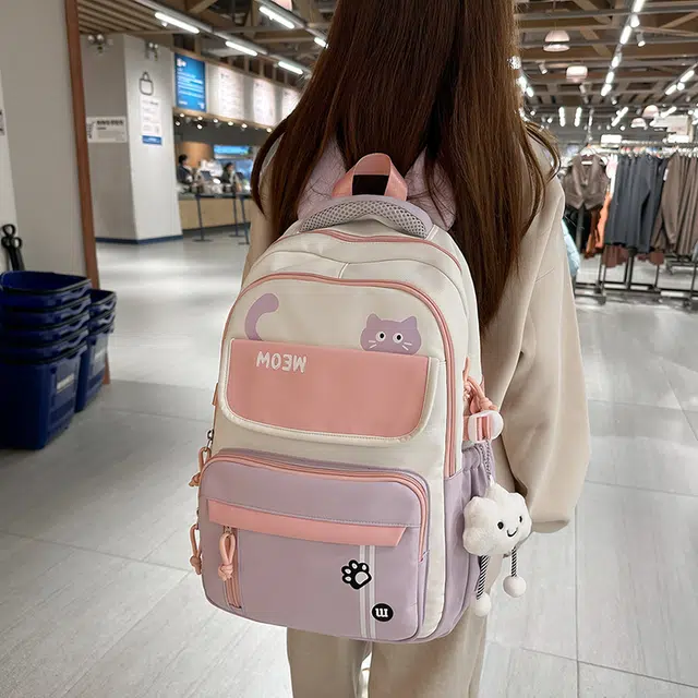 菲姿卓尔 大容量撞色女生背包 尼龙学院风 双肩包初中高中学生 女款