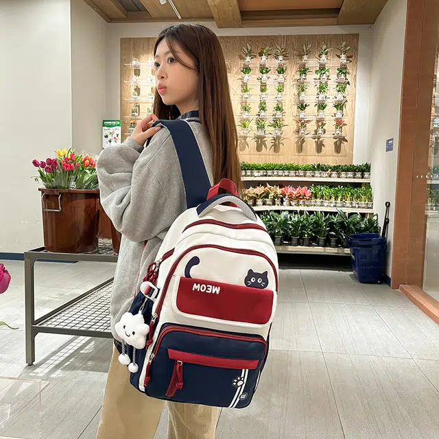 菲姿卓尔 大容量撞色女生背包 尼龙学院风 双肩包初中高中学生 女款