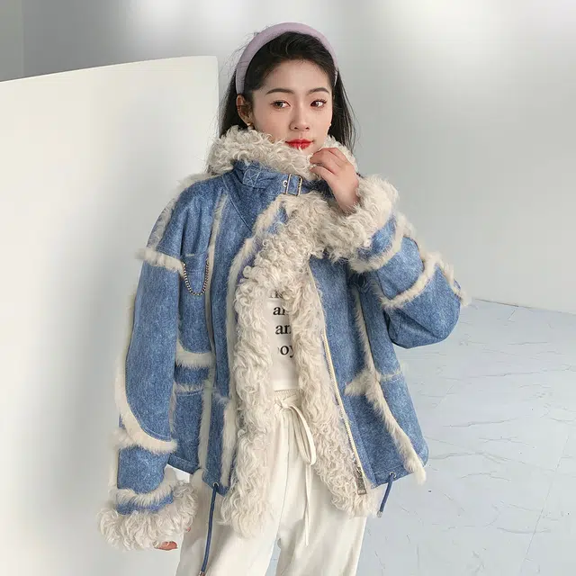 桴生 兔皮毛一体羊羔毛翻领时尚休闲保暖名媛风皮草 女款