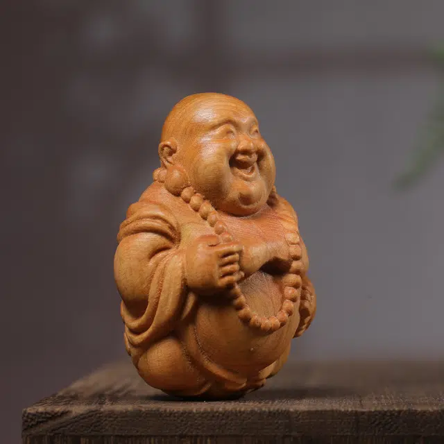 灵晔 新中式国潮复古文艺风轻奢高级随身携带茶宠办公盘玩文玩【弥勒佛】挂件招财纳福财源广进万事如意 檀木 把件 男女同款情侣款