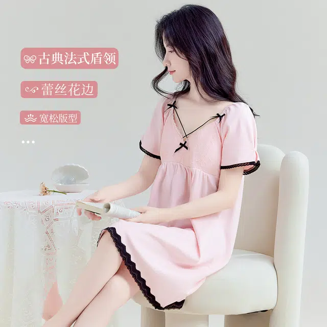 欧迪芬 蕾丝纯棉舒适亲肤可爱蝴蝶结短袖睡裙 女款