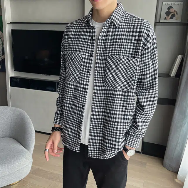 啄木鸟 美式复古港风日系格子简约工装口袋上衣外套法式慵懒学院风休闲长袖衬衫 男女同款