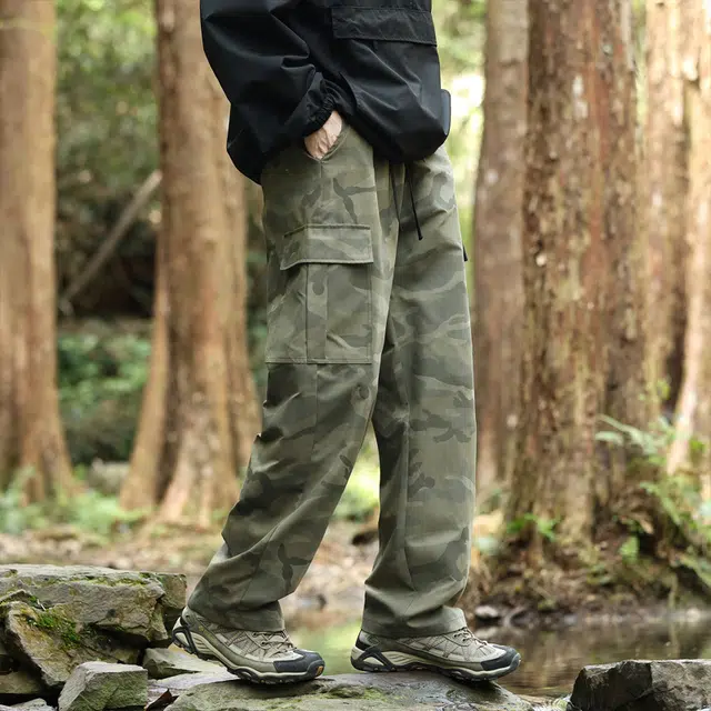 啄木鸟 美式复古迷彩户外工装大口袋长裤垂感宽松直筒休闲裤 男女同款