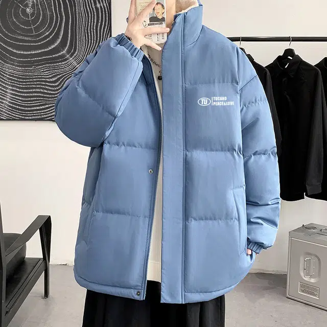 啄木鸟 字母印花美式复古拼接简约纯色基础款加绒加厚立领保暖面包百搭日常通勤户外棉服 男女同款