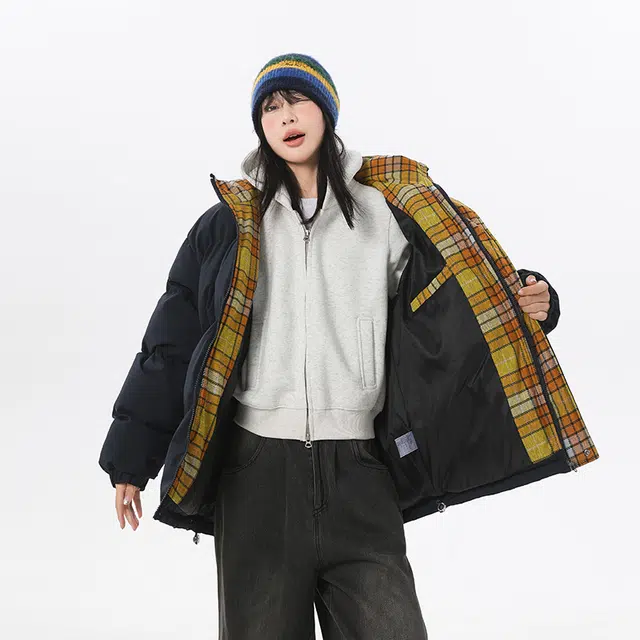 啄木鸟 品牌字母雪山印花美式复古简约宽松百搭潮流格纹立领棉服 男女同款 杏色