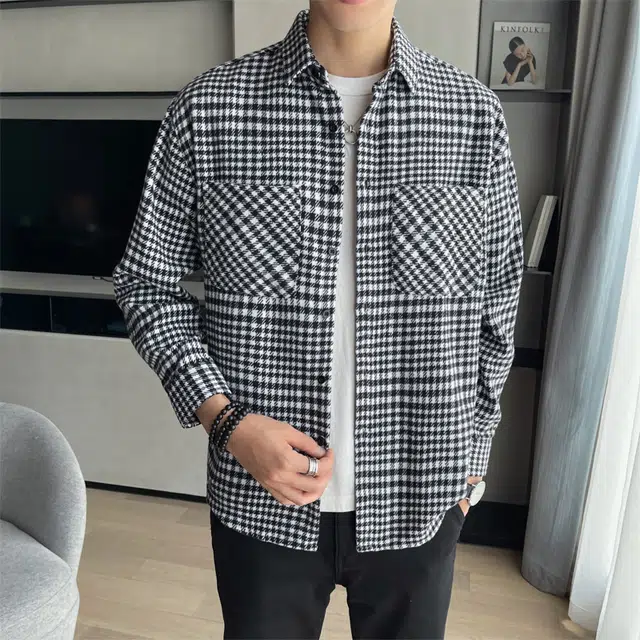 啄木鸟 美式复古港风日系格子简约工装口袋上衣外套法式慵懒学院风休闲长袖衬衫 男女同款