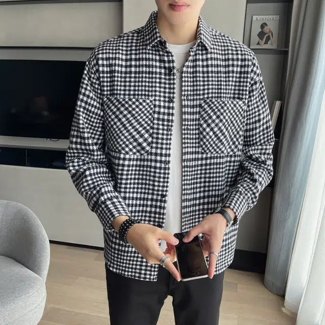 啄木鸟 美式复古港风日系格子简约工装口袋上衣外套法式慵懒学院风休闲长袖衬衫 男女同款
