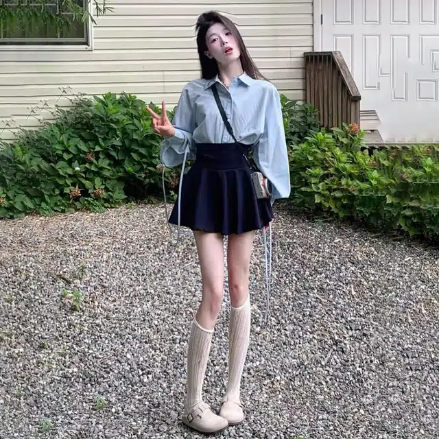 花蔓色 韩系学院风宽松温柔甜美衬衫休闲简约高腰百褶裙子裙装套装 女款