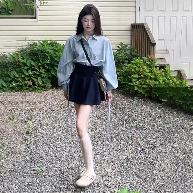 花蔓色 韩系学院风宽松温柔甜美衬衫休闲简约高腰百褶裙子裙装套装 女款